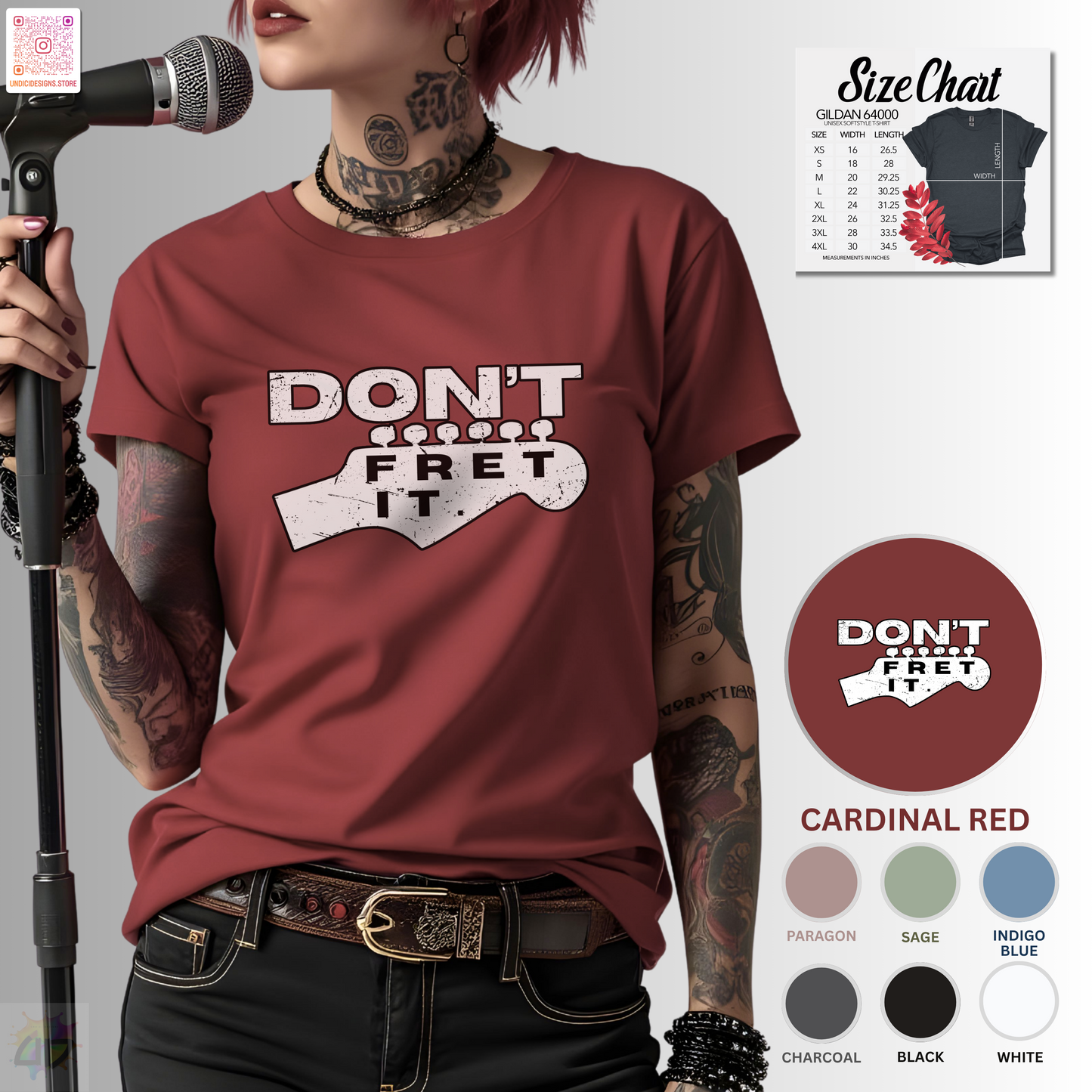 "Don't fret it" guitar headstock graphic tee.