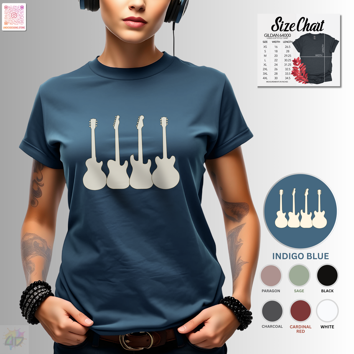 Four horizontal white guitar silhouettes graphic tee.