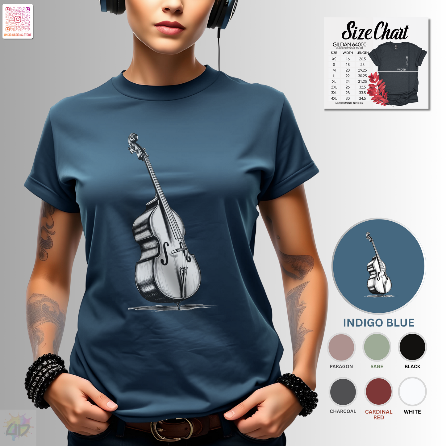 Hand drawn upright bass in white graphic tee.