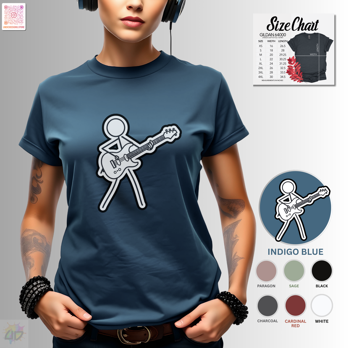 Joe Stick keeping rhythm on guitar graphic tee.