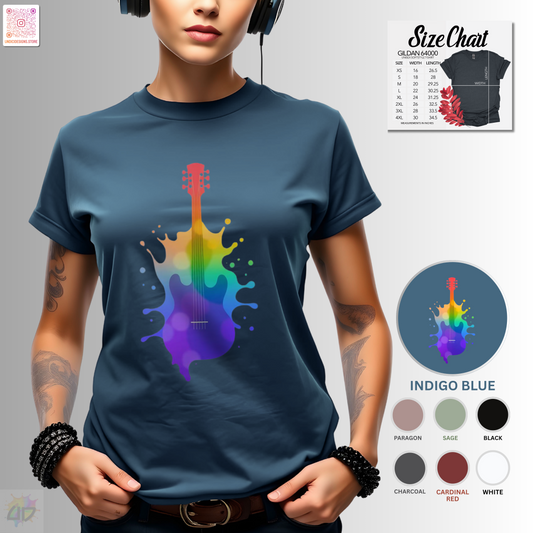Colorful hollow body guitar in a vibrant splash graphic tee.