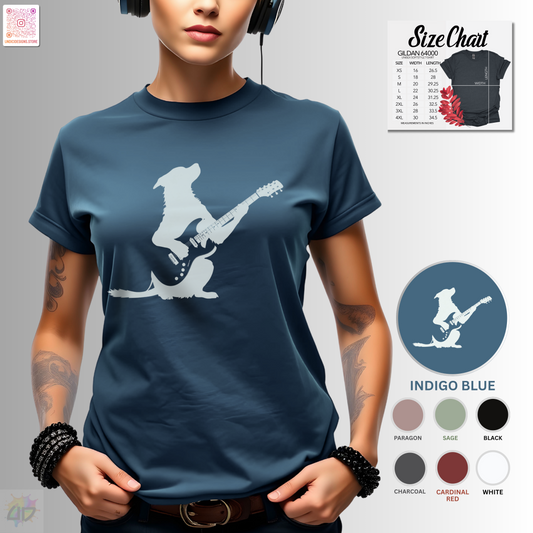 silhouette of a puppy playing a solo on a guitar graphic tee.