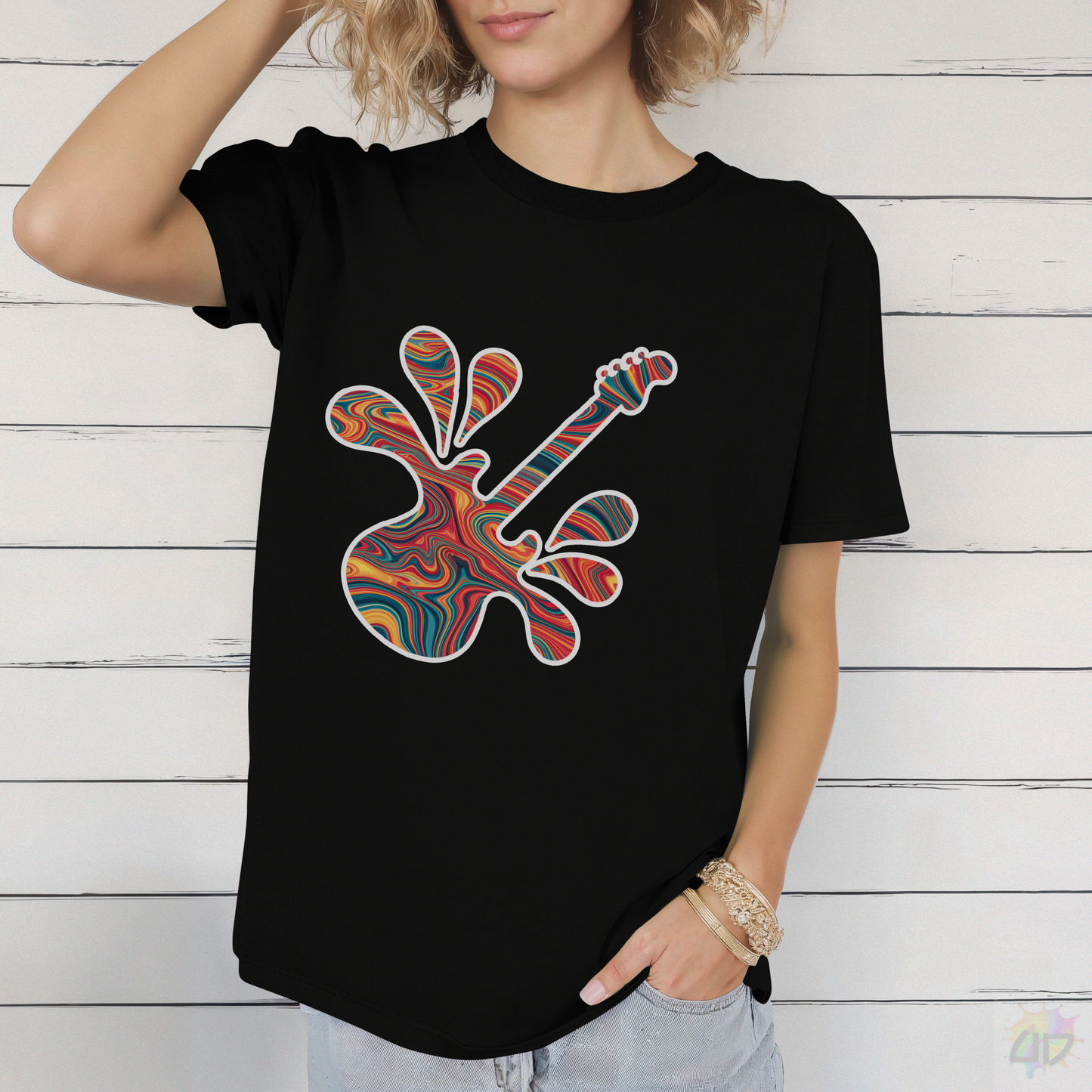Tie-Dye Guitar in a Vibrant Splash Graphic Tee.