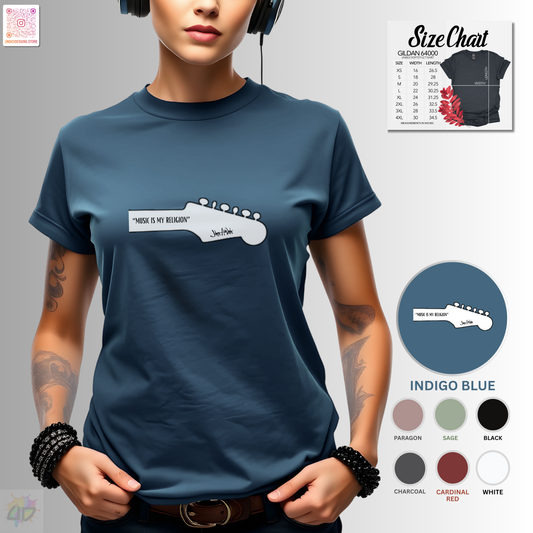 "Music is my religion" quote on guitar headstock graphic tee.
