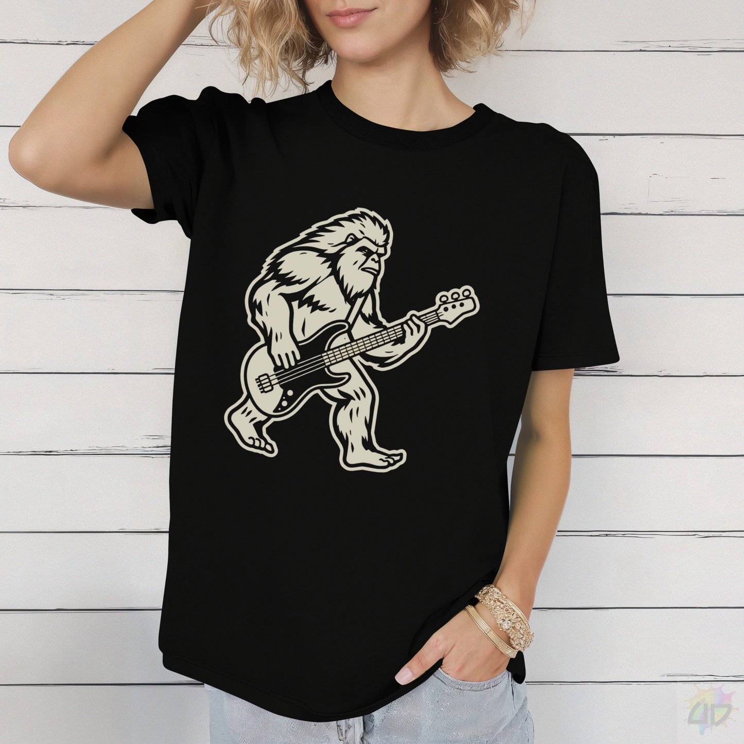Bass-Squatch Silhouette in a Cream-Colored Graphic Tee.