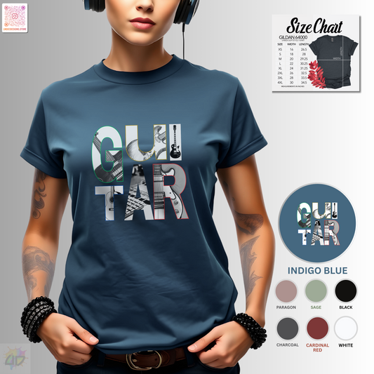 "Guitar" with guitars in letter backgrounds graphic tee.