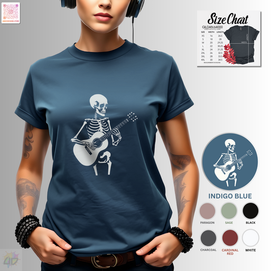 Skeleton playing an acoustic guitar graphic tee.
