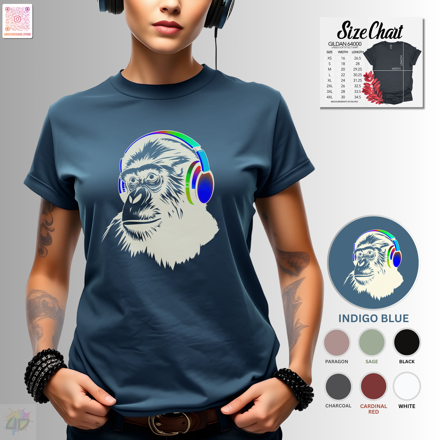 Gary the gorilla wearing colorful headphones graphic tee.