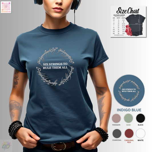 "Six strings to rule them all" in circular graphic tee.