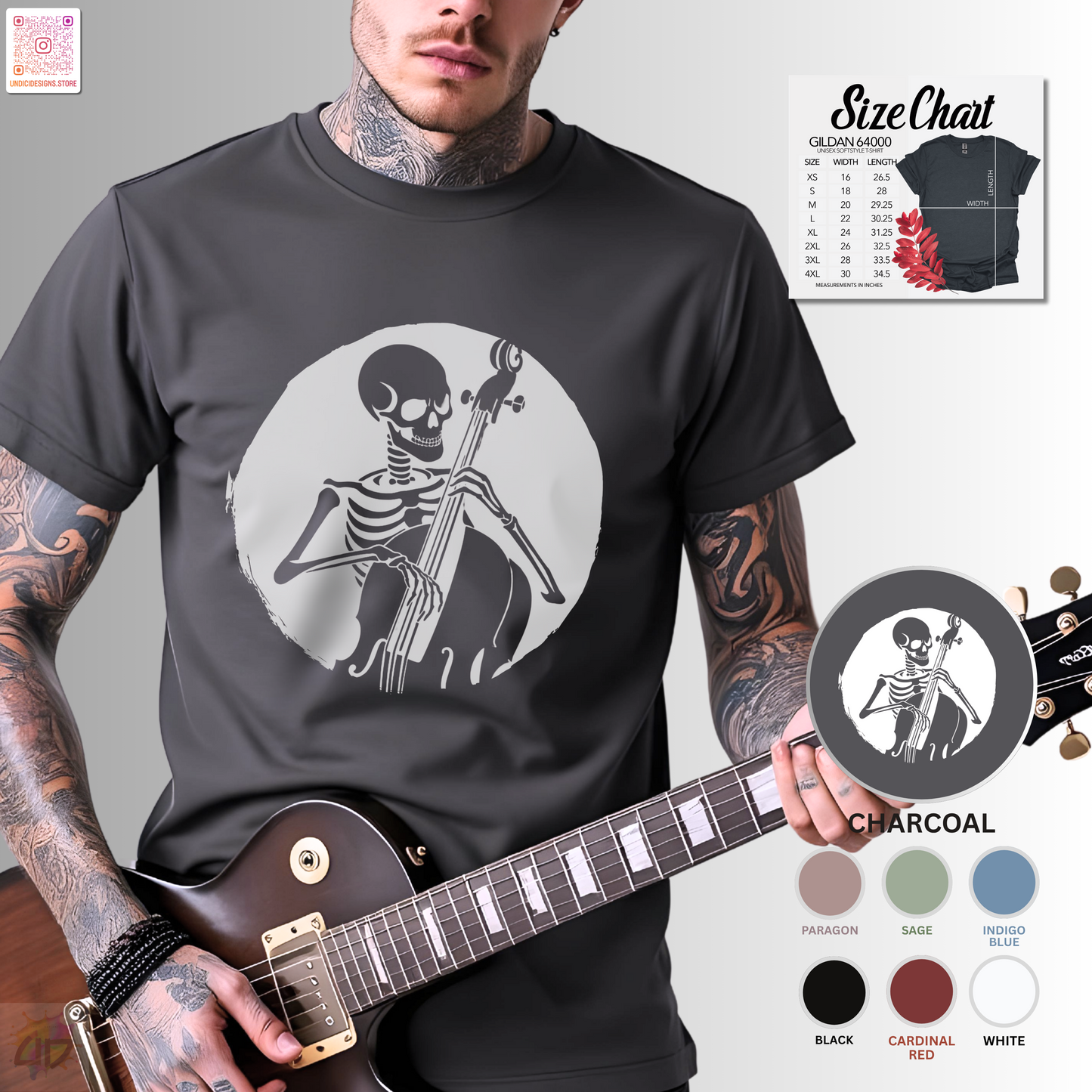 Skeleton silhouette playing upright bass in a circular background graphic tee.