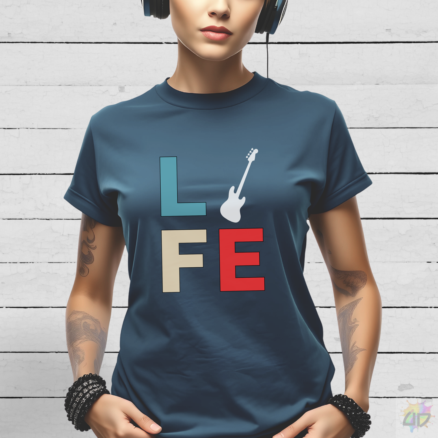 "LIFE" in Colorful Blocks with Bass Guitar Graphic Tee.