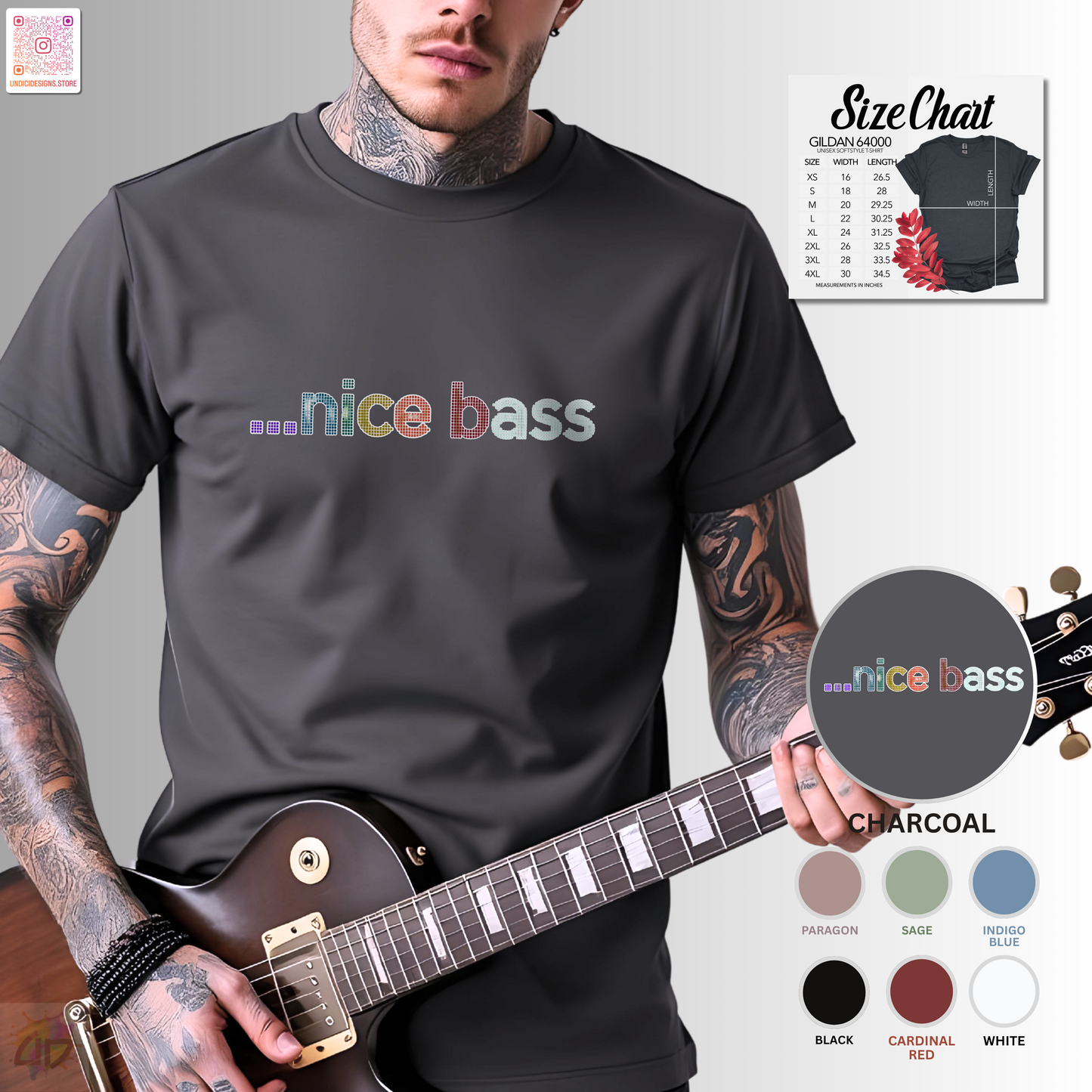 "...Nice Bass" in colorful pixelated lettering, graphic tee.