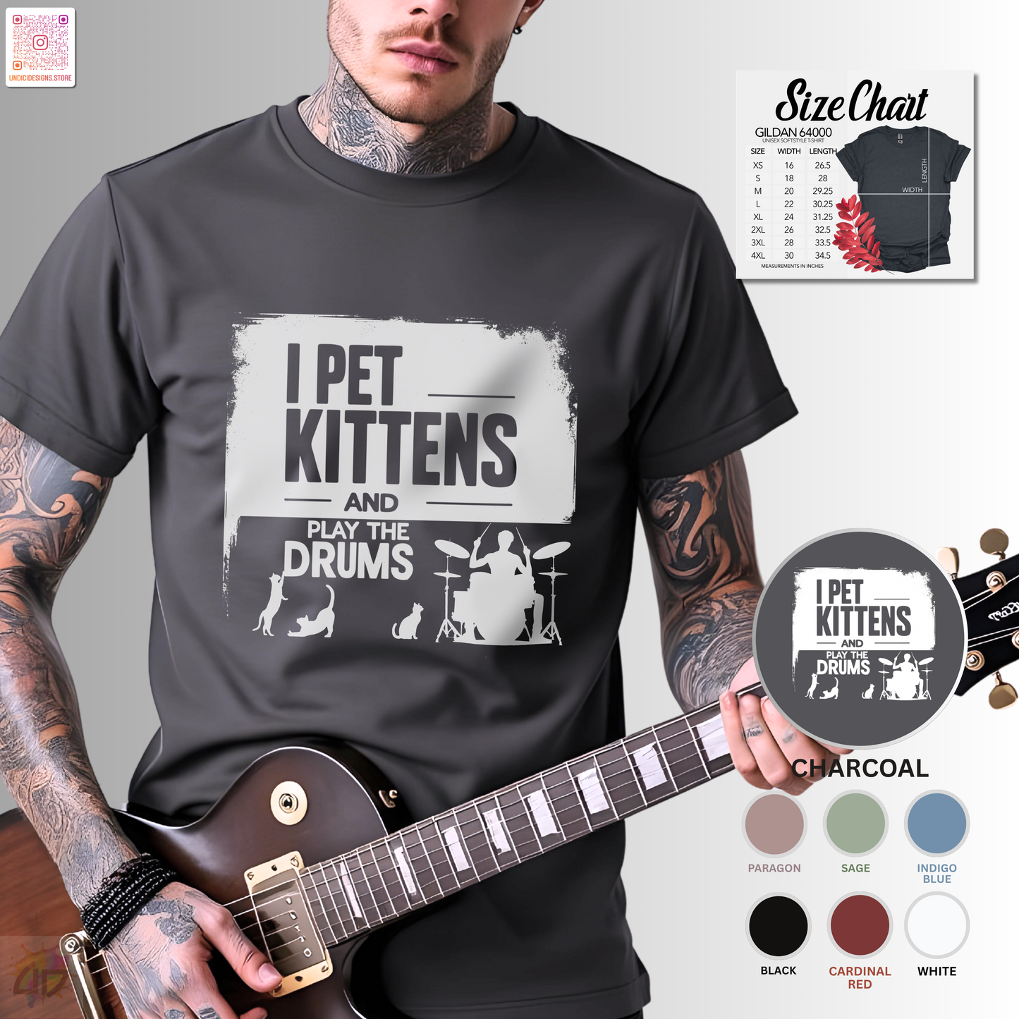 "I pet kittens and play the drums" in highlight graphic tee.