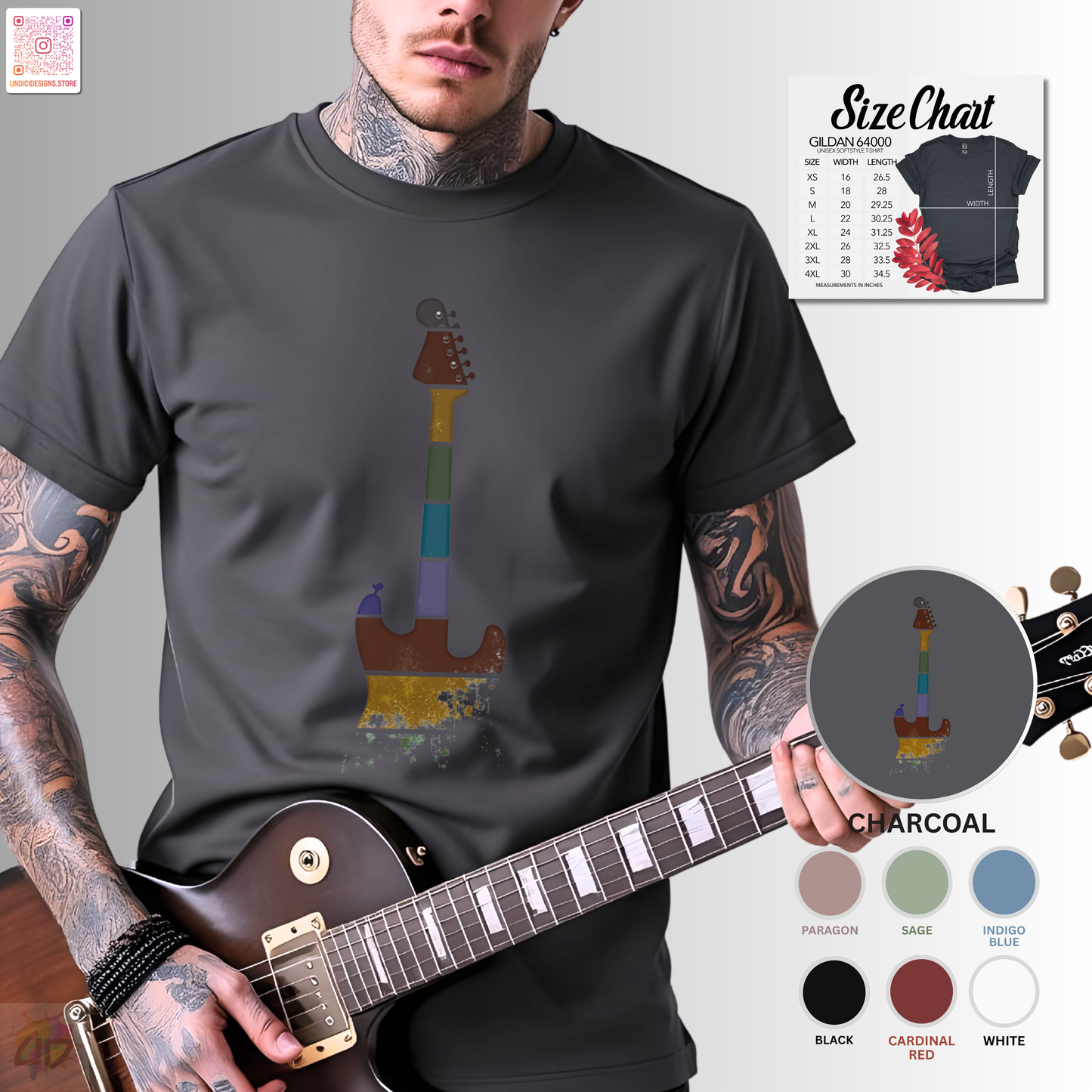 Retro sunset grunge strat style guitar silhouette graphic tee.