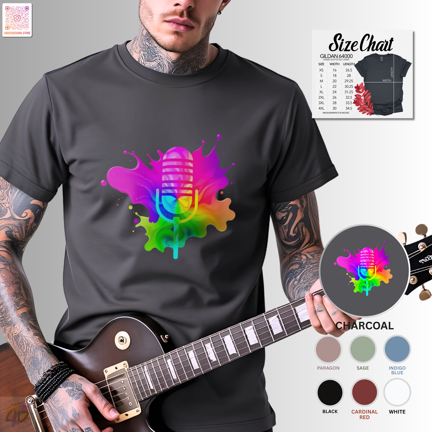 Colorful microphone in a vibrant splash graphic tee.