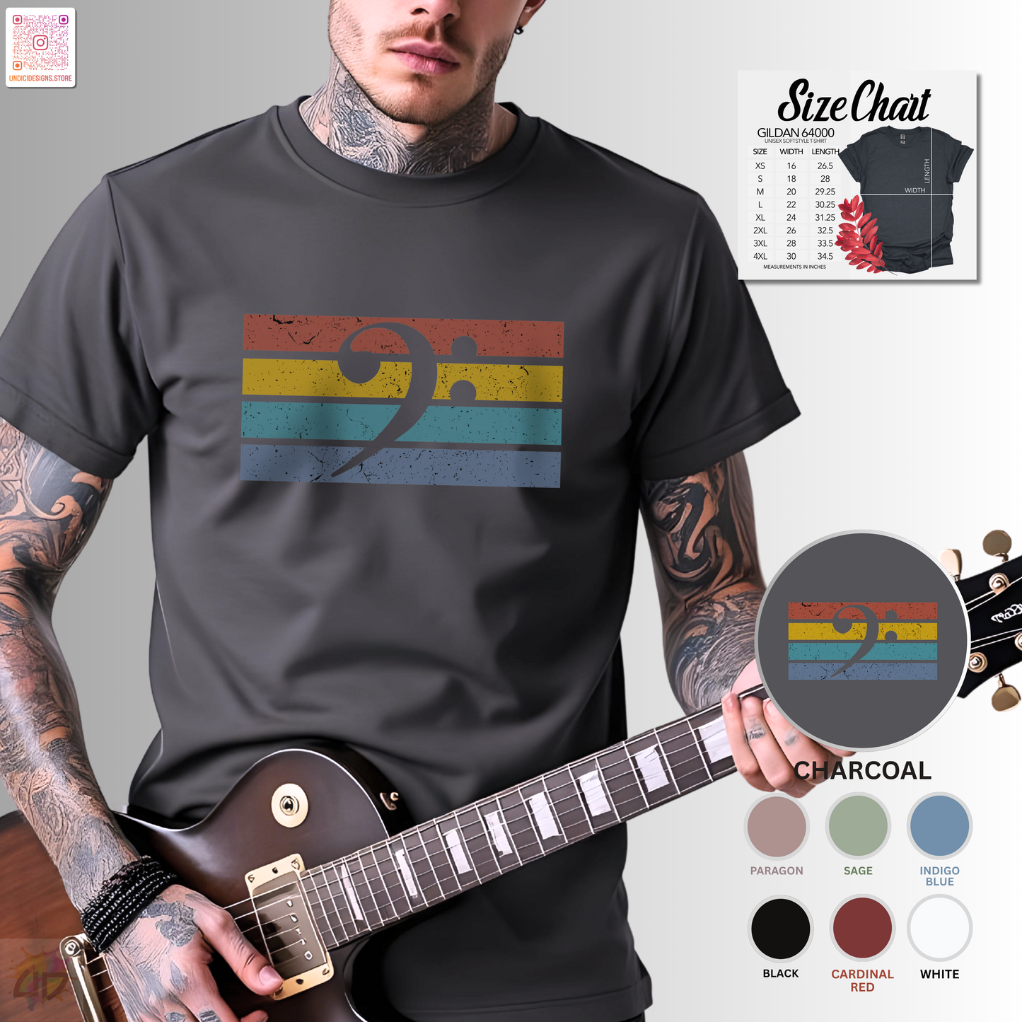 Bass clef on retro sunset graphic tee.