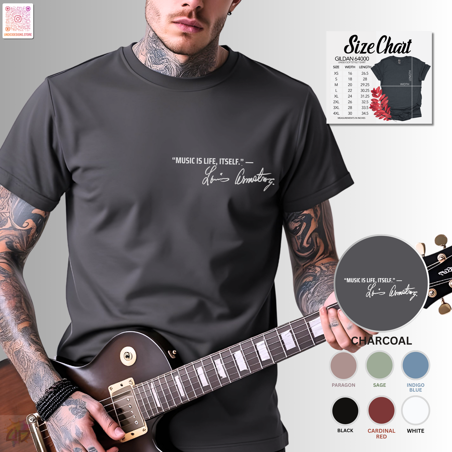 "Music is life itself" Louis Armstrong quote pocket graphic tee.