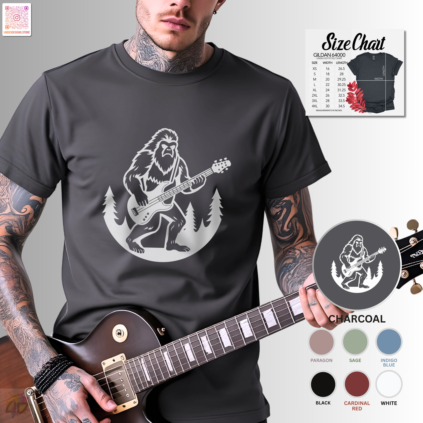 Yeti playing a guitar in a circular silhouette graphic tee.
