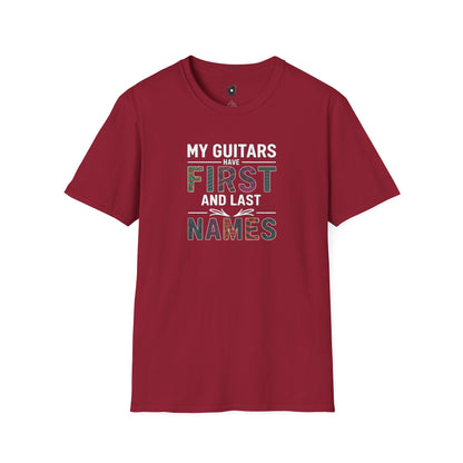 "My guitars have first and last names" colorful text graphic.