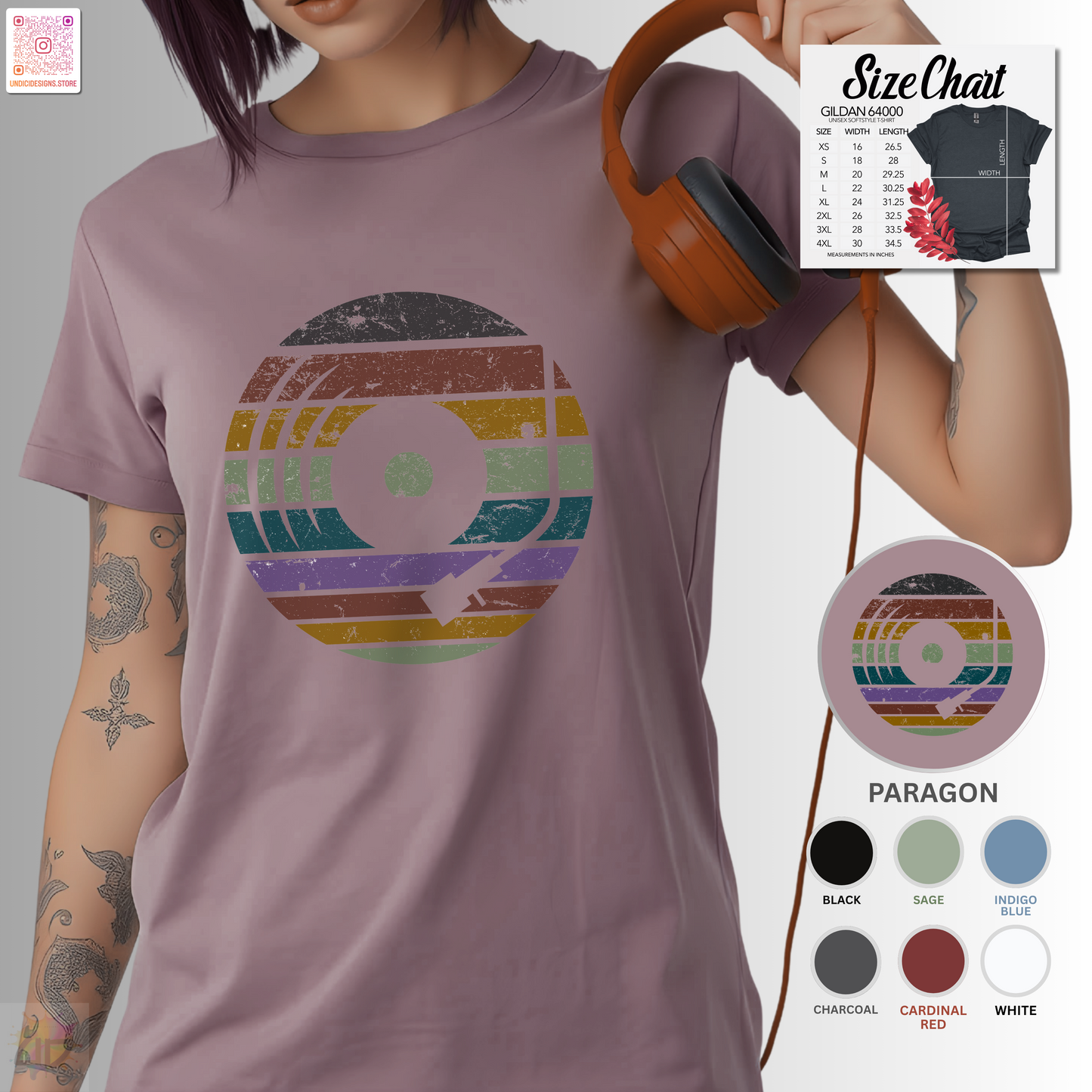 Vinyl record graphic in retro sunset tee.