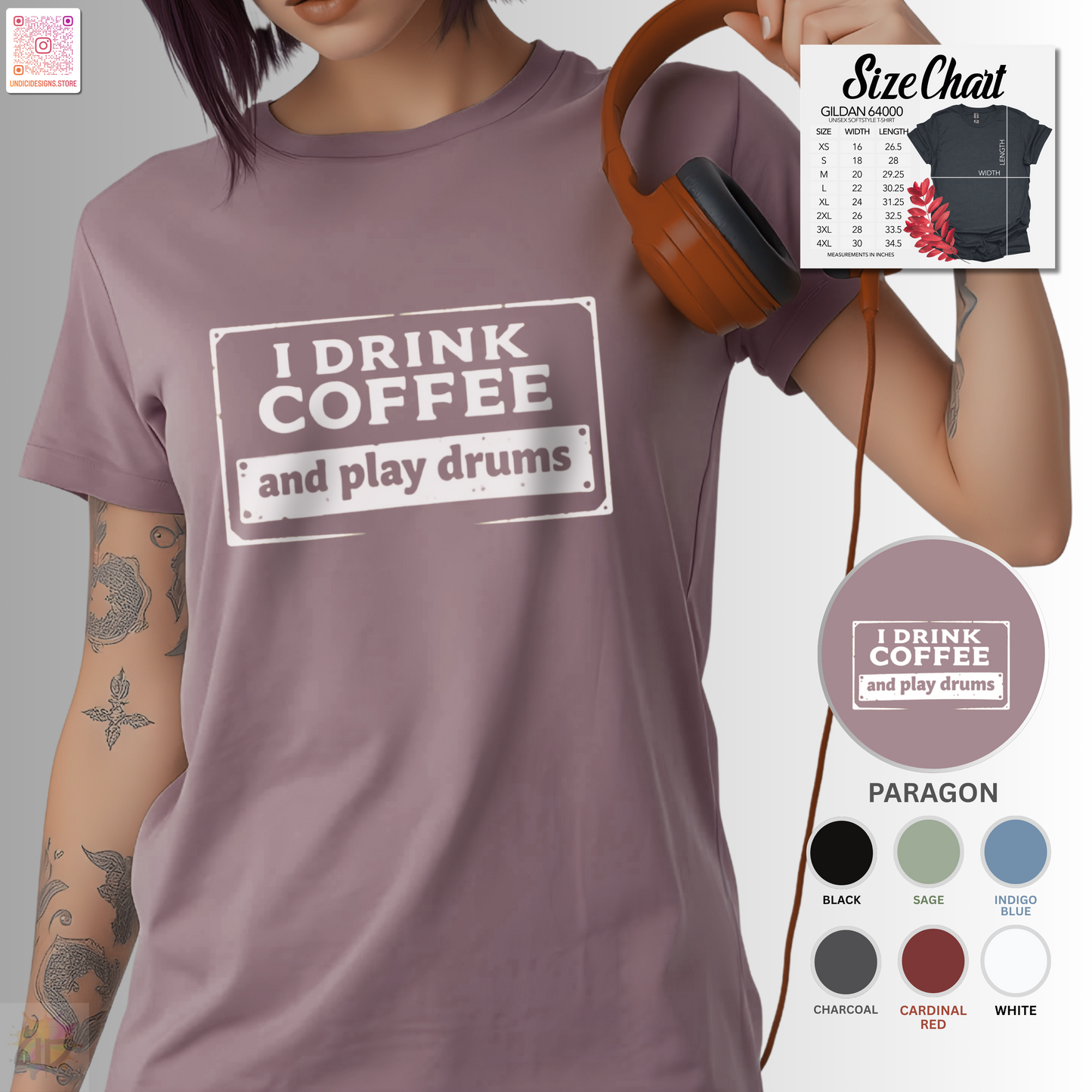 "I drink coffee and play drums" in a stamp design tee.