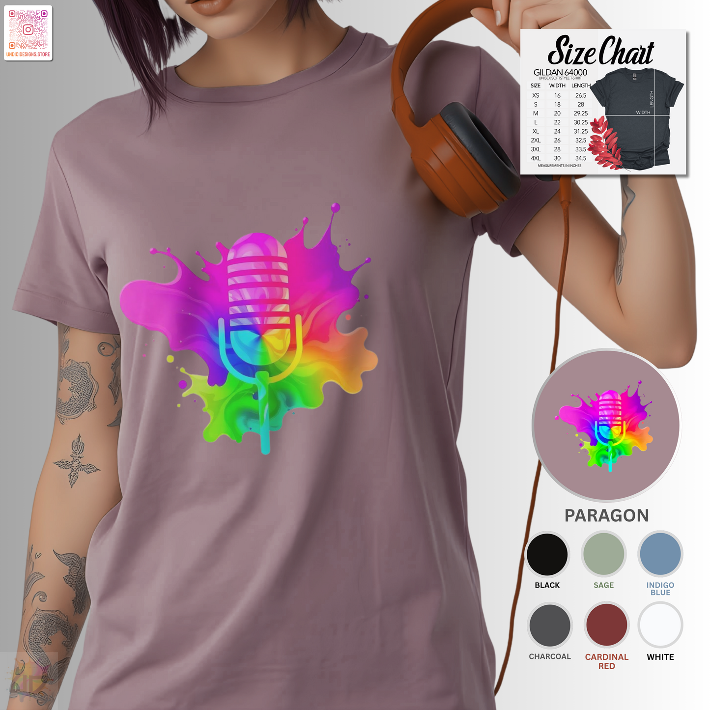 Colorful microphone in a vibrant splash graphic tee.