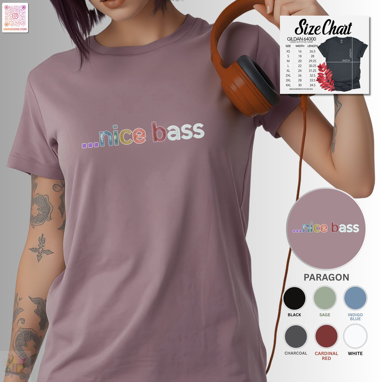 "...Nice Bass" in colorful pixelated lettering, graphic tee.
