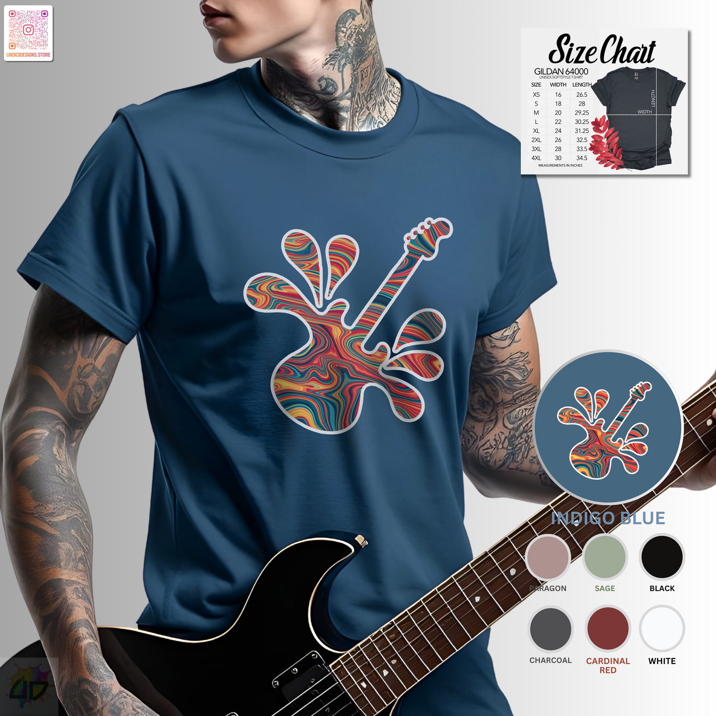 Tie-dye guitar in a vibrant splash graphic tee.