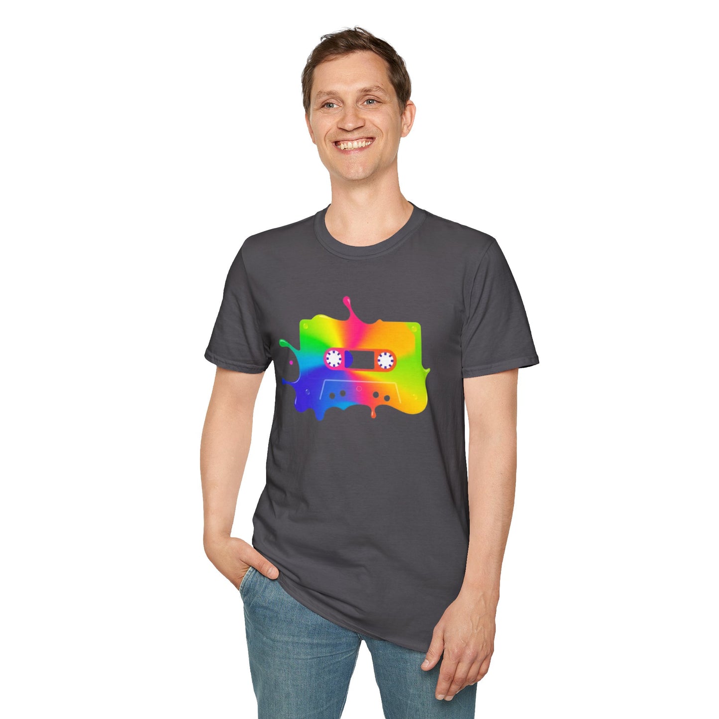 Colorful cassette tape in a splash of paint