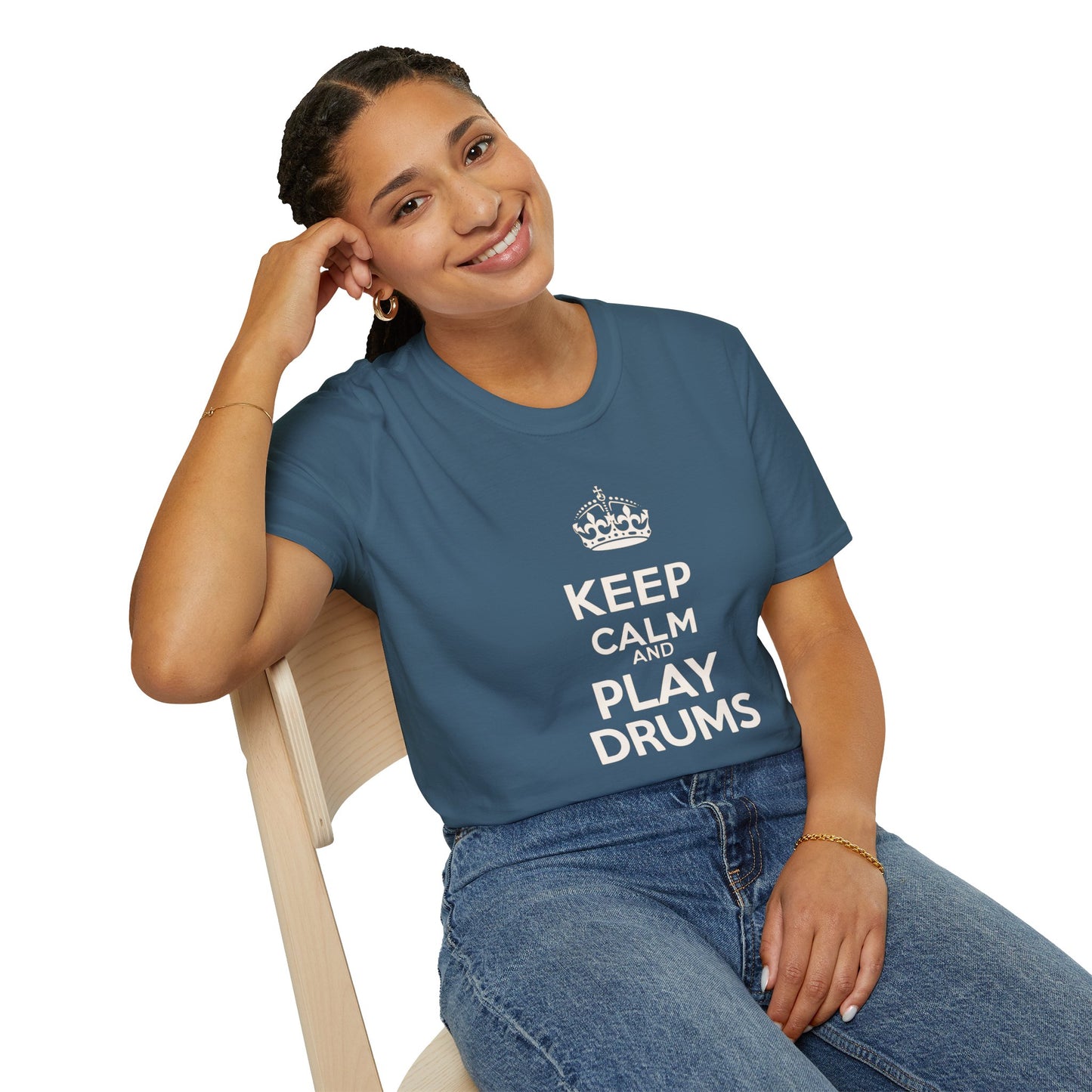 "Keep calm and play drums" text graphic tee.