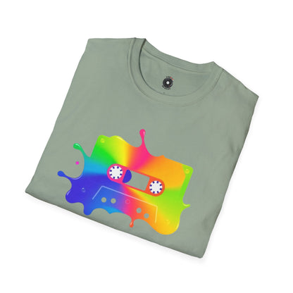 Colorful cassette tape in a splash of paint