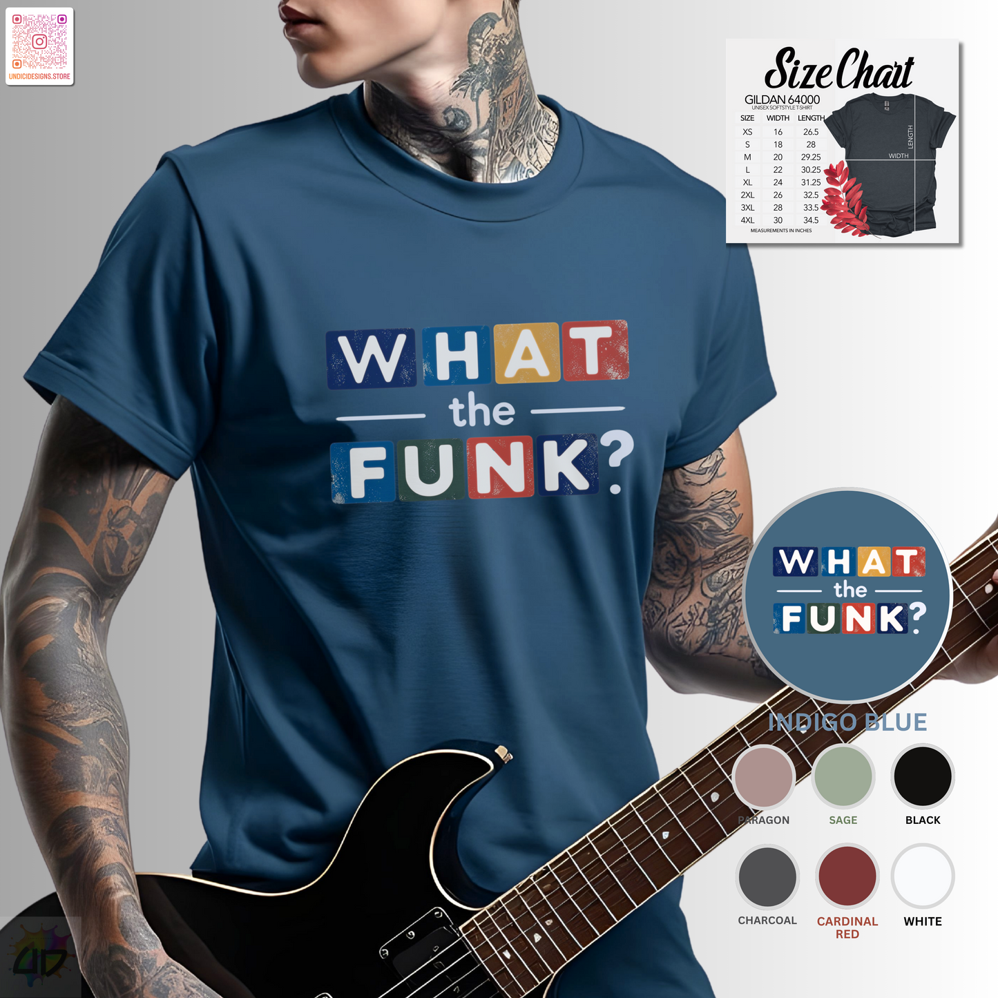 "What the Funk" in colorful highlight graphic tee.