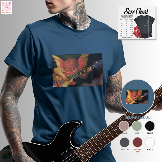 Cherub playing a guitar graphic tee.