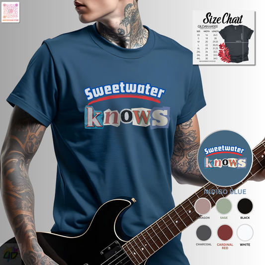 "Sweet water knows" graphic tee with ransom lettering.