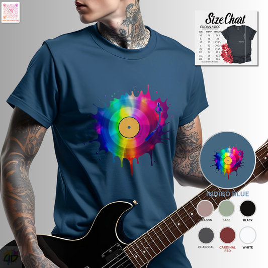 Colorful vinyl record in a multi-colored splash graphic tee.