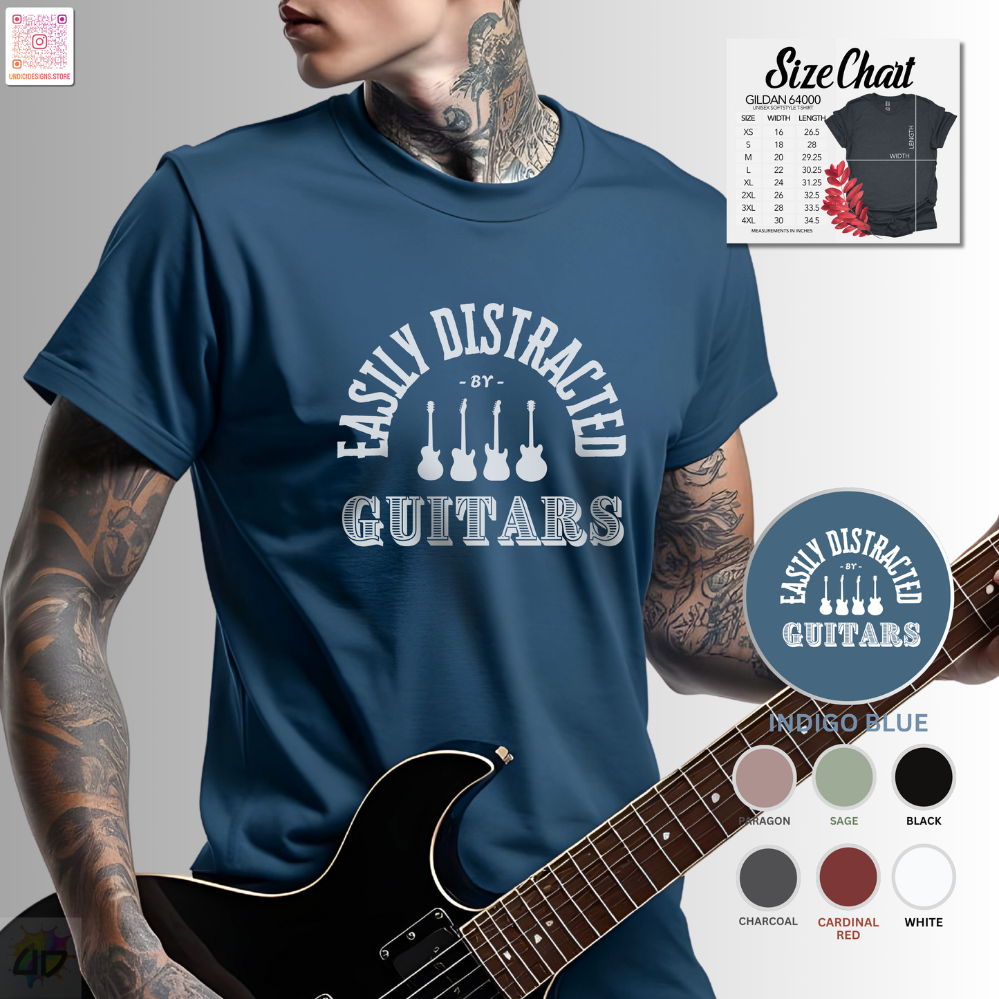 "Easily distracted by guitars" in a radius graphic tee.
