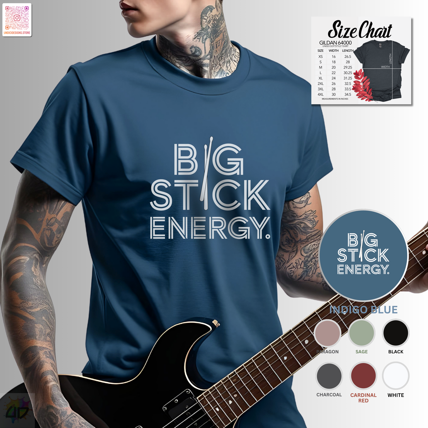 "Big stick energy" with drumsticks text graphic tee.