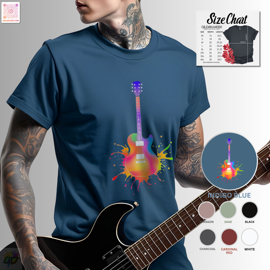 Colorful LP style electric guitar in a vibrant splash graphic tee.