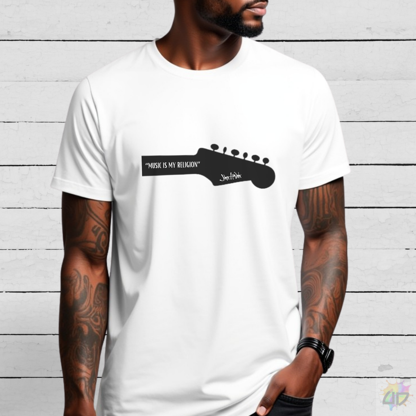 "Music Is My Religion" JH Quote on Guitar Headstock Graphic Tee.