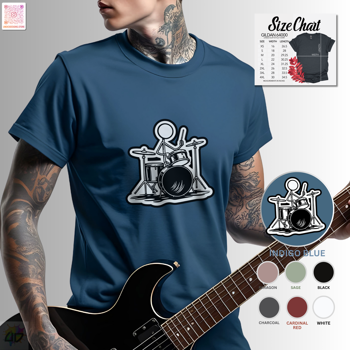 Joe Stick playing the drum kit graphic tee.