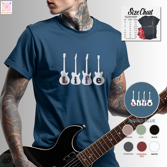 "Life" in four white guitar silhouettes graphic tee.