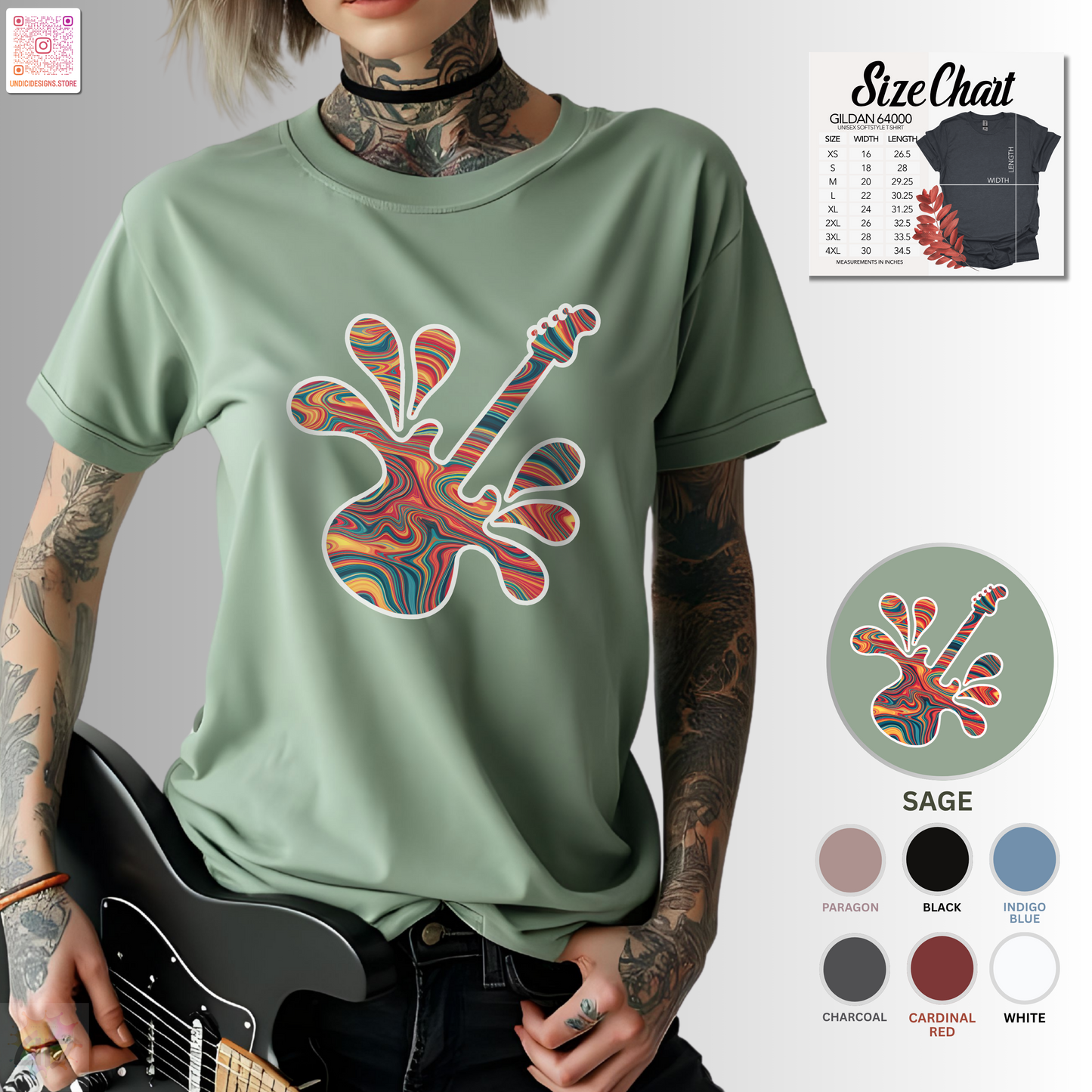 Tie-dye guitar in a vibrant splash graphic tee.