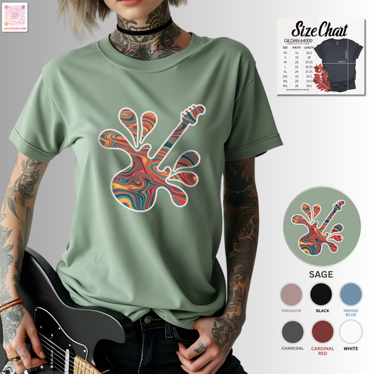 tie-dye guitar in a vibrant splash graphic.