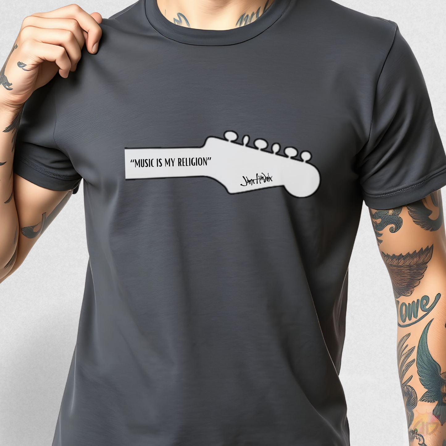 "Music Is My Religion" JH Quote on Guitar Headstock Graphic Tee.