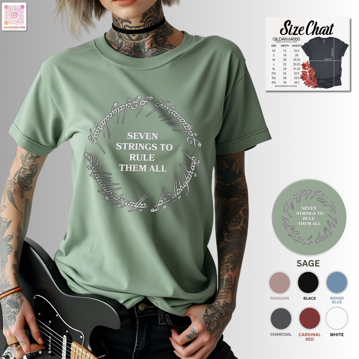 "Seven strings to rule them all" in a circular graphic tee.