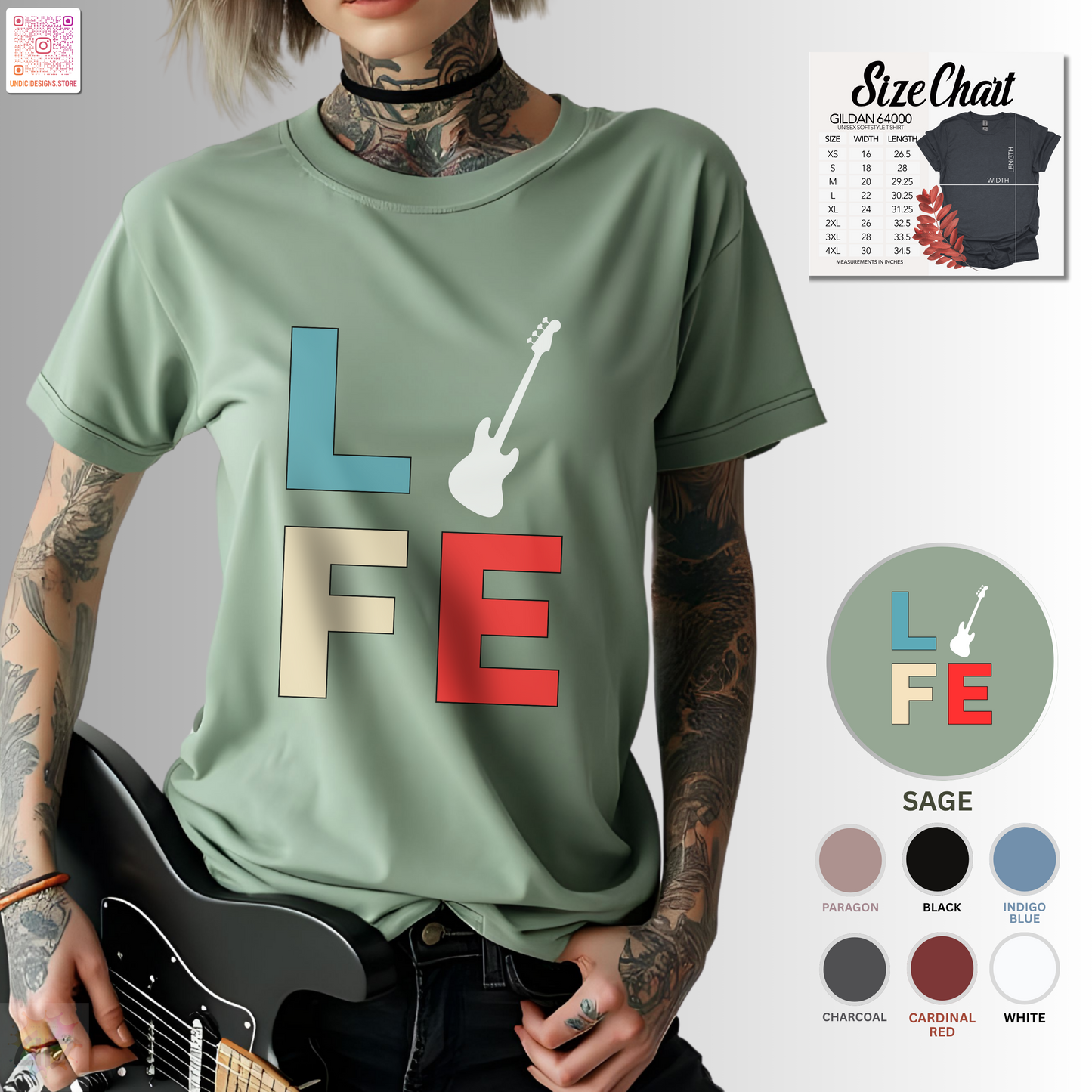 "LIFE" in colorful blocks with a bass guitar graphic tee.