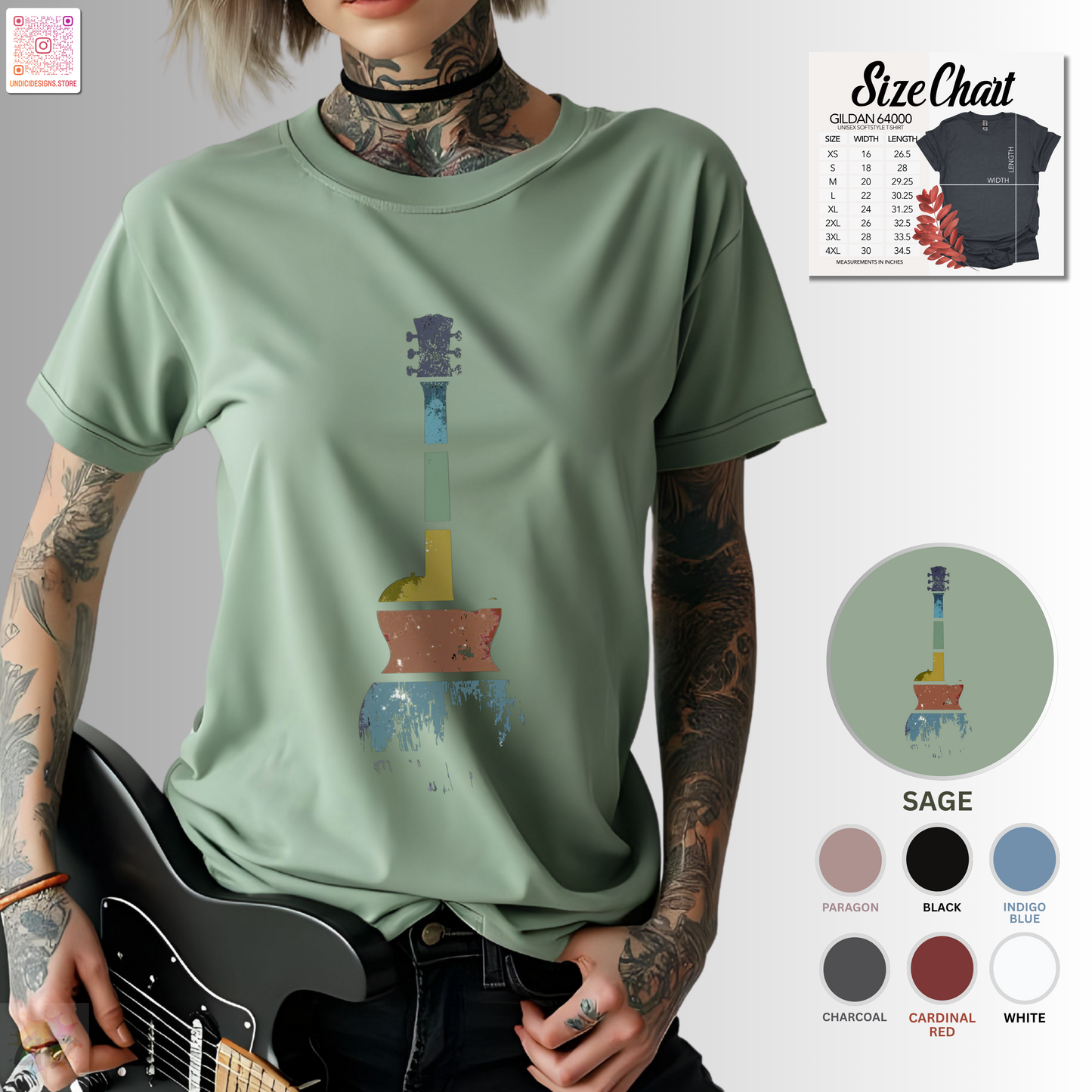 Retro sunset grunge style guitar silhouette graphic tee.