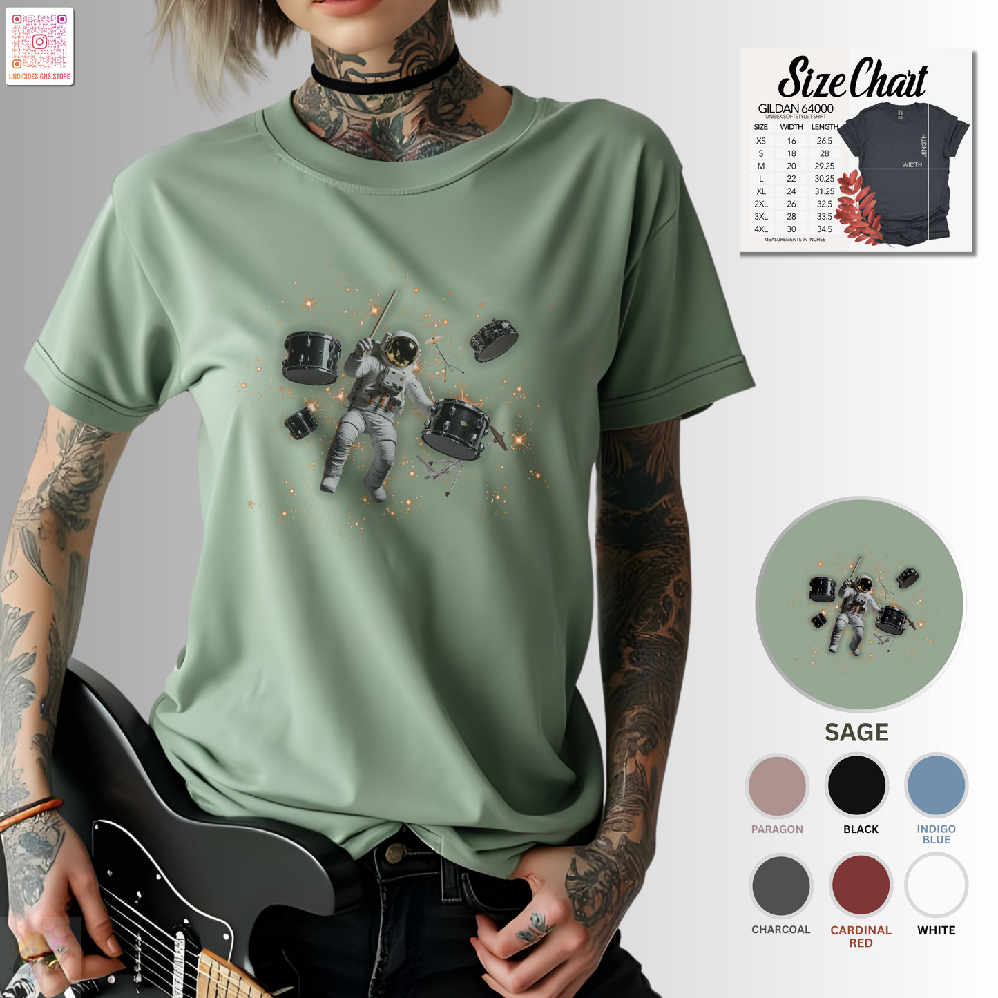 Astronaut Drummer floating in space graphic tee.