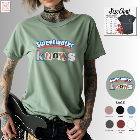 "Sweet water knows" graphic tee with ransom lettering.