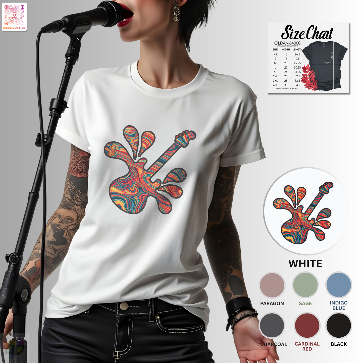 Tie-dye guitar in a vibrant splash graphic tee.